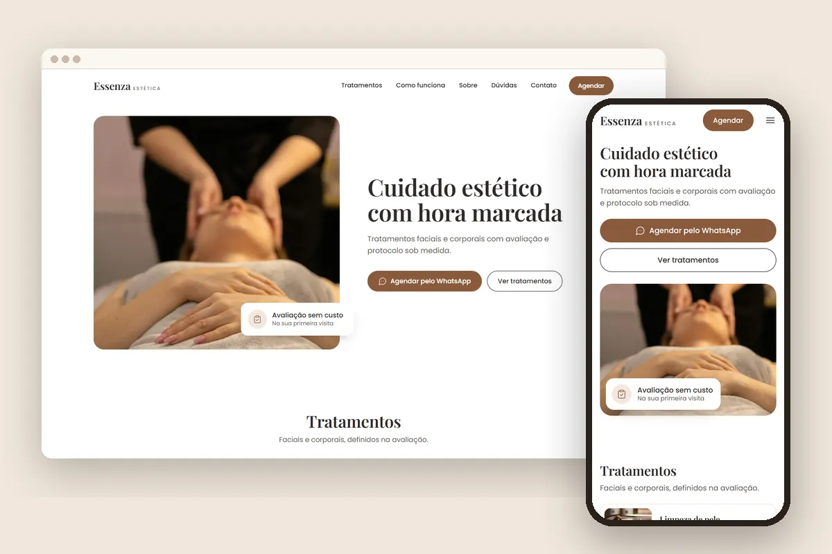 Modelo Essenza Estética no computador e no celular