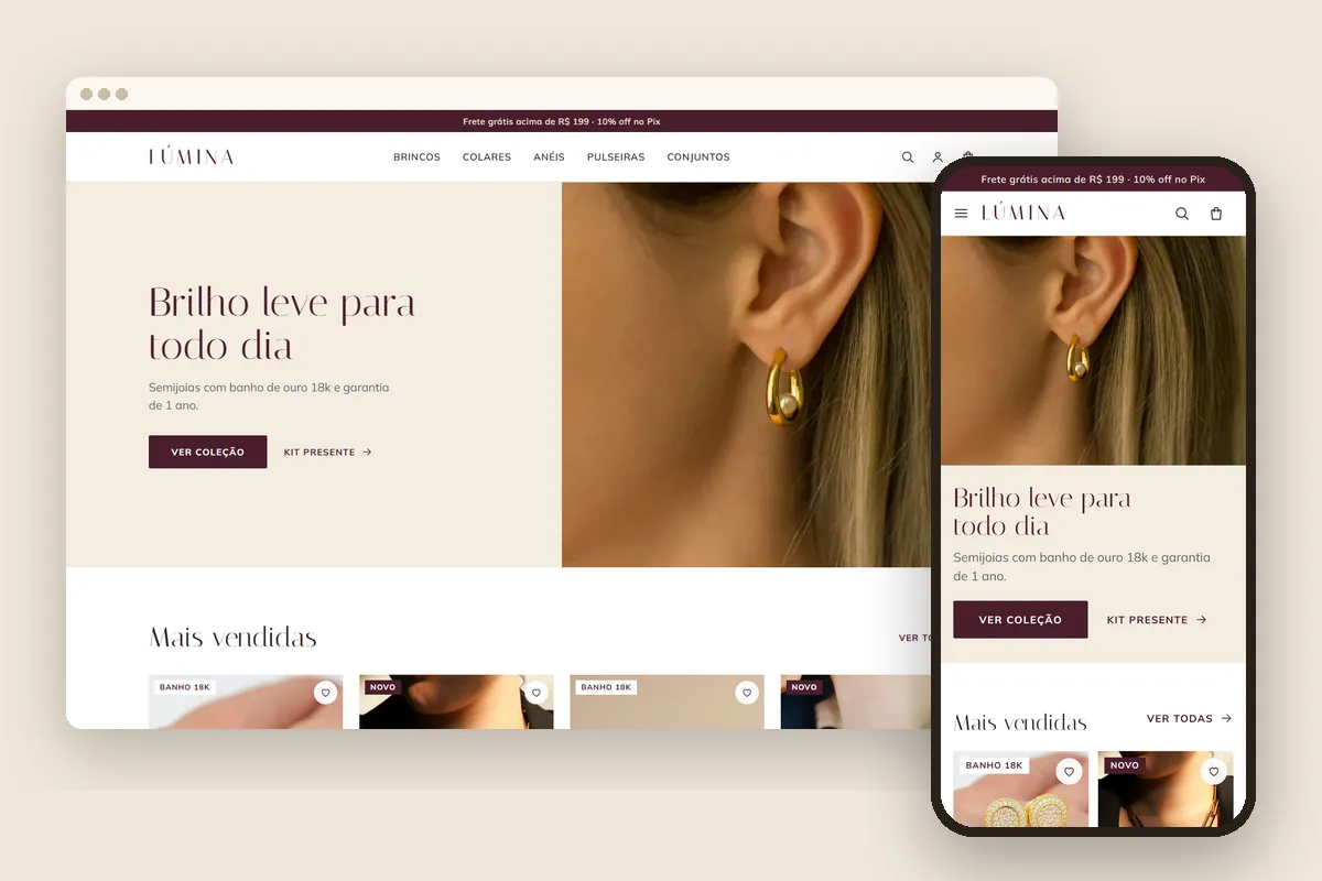 Modelo Lúmina Semijoias no computador e no celular
